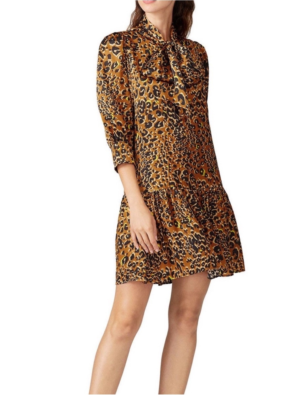 Hunter Bell Keely leopard silk dress long sleeve tie neck mini M Keely animal